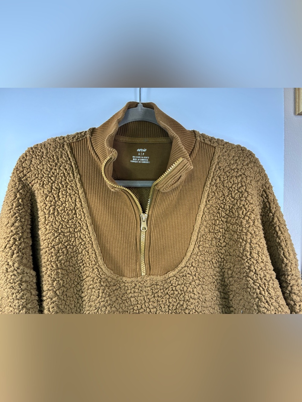 Aerie Women's Sherpa Fleece Quarter Zip Pullover Brown Size Small - Picture 2 of 6